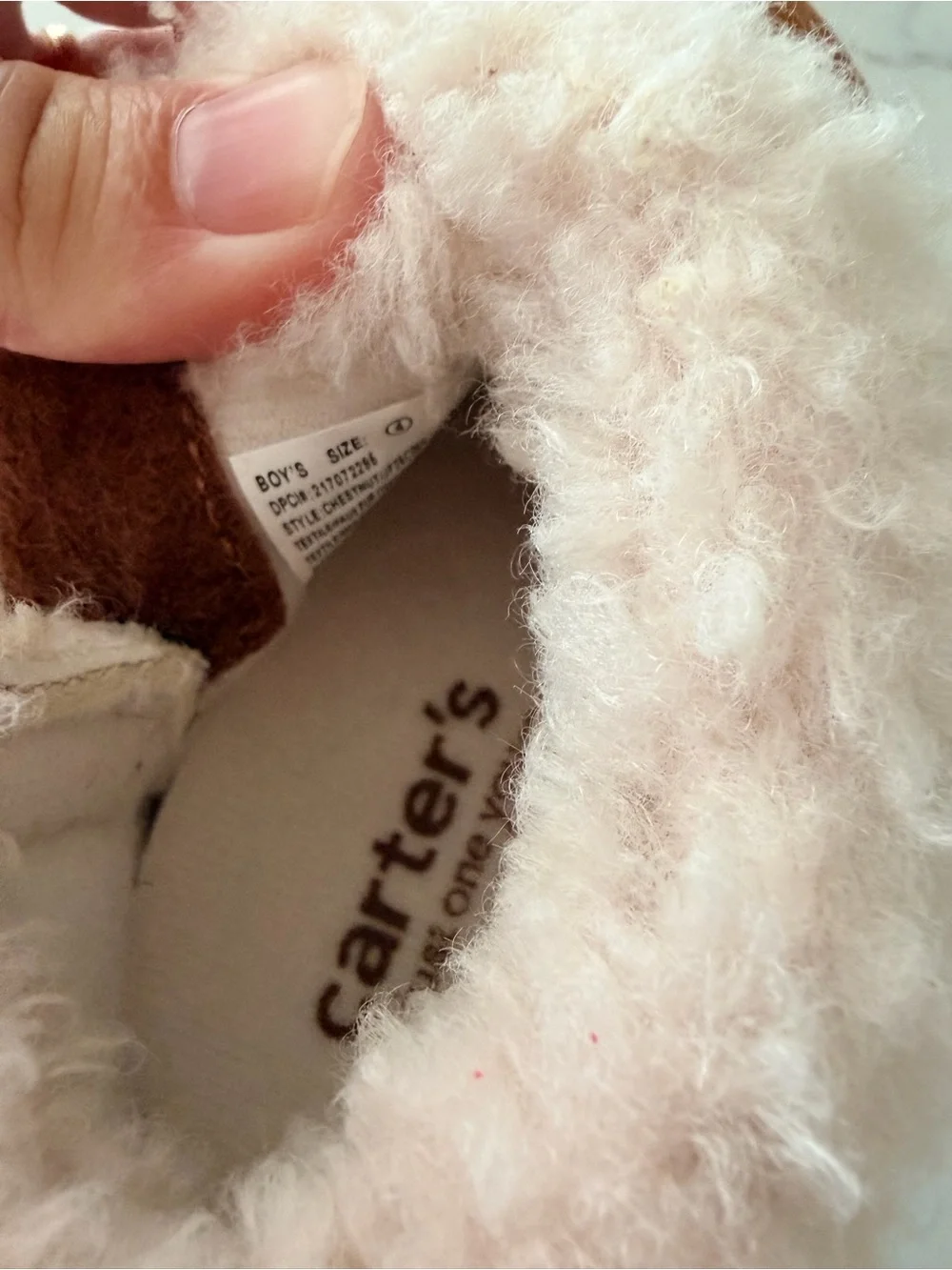 Carter's Chestnut Suede-Look Kids Slip-On Booties with Cream Faux-Shearling Cuff